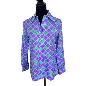 Vtg Womens Purple Blouse Large Checkered Long Sleeve Button Up Butterfly Collar